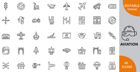Aviation, Innovations, Adventures, and Careers in the Sky icon pack | Detailed Outline | Editable Stoke 60 icon | Victor illustrator.