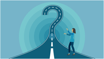 Woman in front of road in shape of question mark. Dimension 16:9. Vector illustration.
