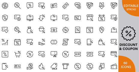 Discount and Coupon icon pack | Detailed Outline | Editable Stoke 60 icon | Victor illustrator.