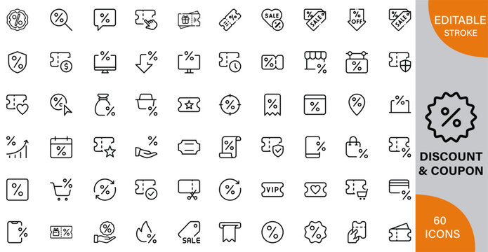 Discount and Coupon icon pack | Detailed Outline | Editable Stoke 60 icon | Victor illustrator.