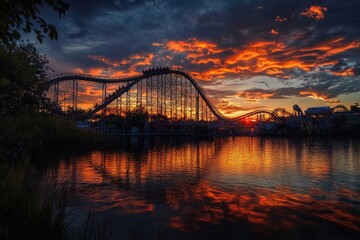 Obraz premium Six Flags Rollercoaster Against a Stunning Sunset Over the Sydney River: A Marvel of Architectural Adventure and Nighttime Cityscape