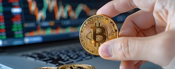 A close up view of a person s hand holding a shiny golden Bitcoin cryptocurrency coin against a blurred financial chart display