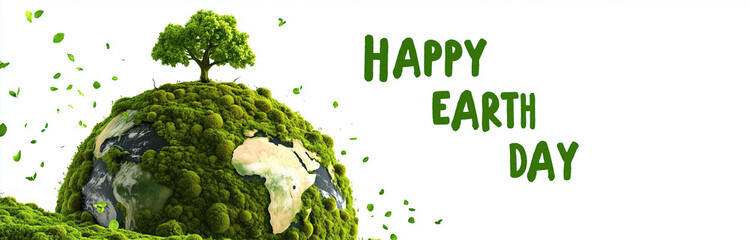 Earth Day illustration showcasing a globe densely covered in green vegetation, crowned with a lush tree. Floating green leaves enhance the eco-friendly vibe