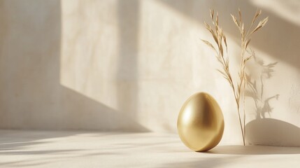 Fototapeta premium Golden egg with a metallic sheen positioned beside dry grass stems, illuminated by soft sunlight that casts elegant shadows on a beige background. 