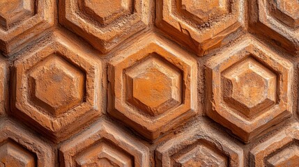 Fototapeta premium The background image depicts a polished, futuristic wall with a peach-colored tile wallpaper, accentuated by 3D diamond-shaped blocks