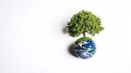 Eco-themed imagery featuring a globe with a lush green tree growing atop its moss-covered surface, set against a clean white background. 