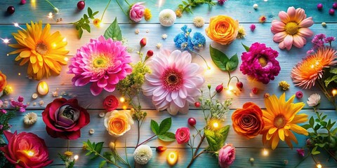 Surreal Festive Flower Arrangement Overhead, White Wooden Background