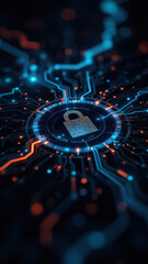 Cybersecurity illustration featuring a data lock with blue glow and circuit lines.