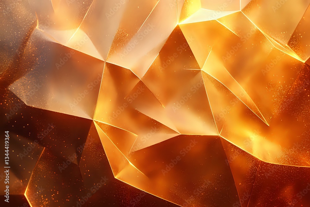 Poster abstract geometric background with golden orange crystalline shapes and light effects creating dynam