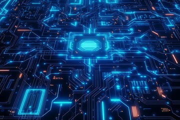 A blue circuit board with glowing elements and data flowing through it, representing the technology behind artificial intelligence.