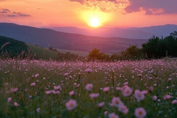 Vibrant Bulgarian Rose Field at Sunset near Karlovo - A Full Bloom of Pink Flowers in the Heart of Bulgaria