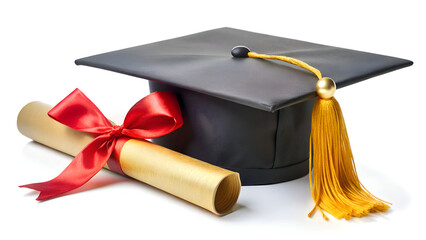 Graduation Achievement &ndash; Black Cap and Diploma with Red Ribbon