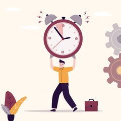 Tired businessman carrying heavy alarm clock, deadline concept. Workload and aggressive deadline causing exhaustion and burnout, overload or overworked office routine.