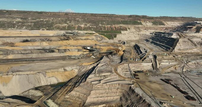Drone shot of the open pit lignite mines of Hambach on a sunny day in Rhineland-Palatinate, Germany