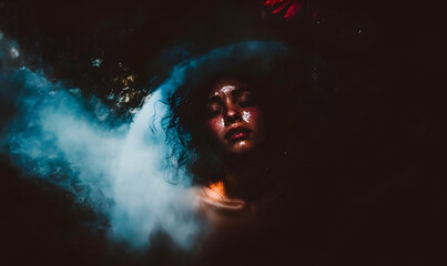 Surreal portrait of a woman emerging from ethereal smoke in darkness