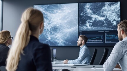 Professionals Engaged in Discussion at a High-Tech Conference Room