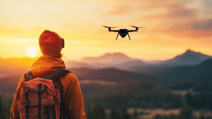 A person with a backpack watches a drone flying overhead against a scenic sunset backdrop in a mountainous landscape.