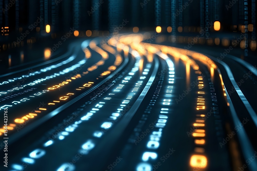 Poster glowing digital data streams curve across dark background with blue and orange light trails, represe