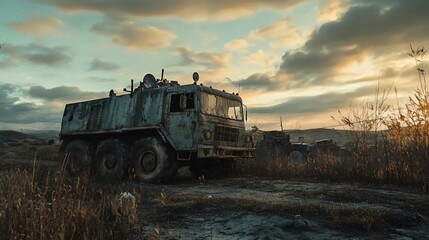 Fototapeta premium Abandoned Military Truck at Sunset