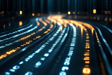 Fototapeta premium Glowing digital data streams curve across dark background with blue and orange light trails, representing network connections and information flow in technology.