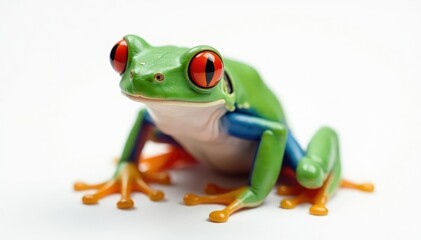 Obraz premium Single red-eyed tree frog on pure white, striking eyes visible, unique, animal, rainforest