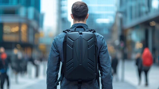 A man stands in a busy urban environment, facing away, wearing a stylish backpack, surrounded by a bustling crowd.