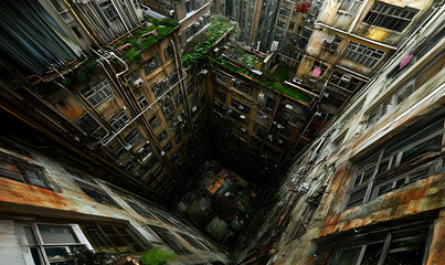 Fototapeta premium Urban decline, an illustration of a building in disrepair with signs of life