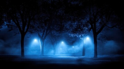 Misty night park path lit by streetlamps