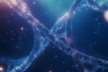 A detailed and realistic close-up of two strands of DNA, glowing with light against an abstract background. The DNA is in the center of the frame, with one strand on top and another below it. It's mad