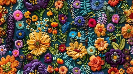 Vibrant floral pattern with colorful daisies, marigolds and wildflowers in orange, yellow, pink and purple hues against dark background. Seamless repeat for fabric and decor.