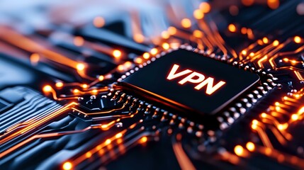 Glowing VPN chip on circuit board with orange light effects, modern cybersecurity concept showing digital network protection technology on motherboard.