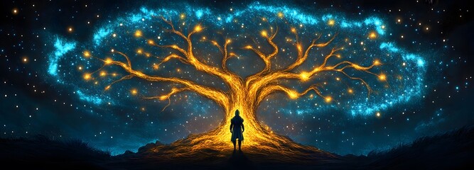 A lone knight standing before an enormous ancient tree, its roots glowing with magic