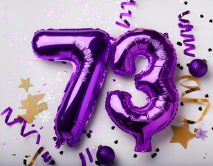 Purple balloon number 73 for seventy-third birthday or anniversary party. White background with confetti