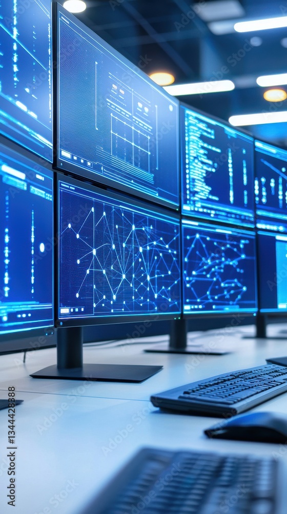 Poster modern data center with multiple screens displaying information