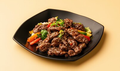 Fototapeta premium Savory bulgogi grilled marinated beef served with colorful vegetables on a sleek black plate against a soft yellow backdrop
