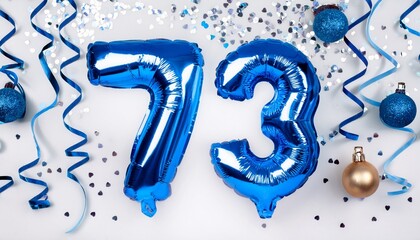 Blue balloon number 73 for seventy-third birthday or anniversary party. White background with confetti