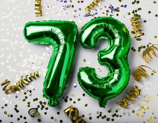 Green balloon number 73 for seventy-third birthday or anniversary party. White background with confetti