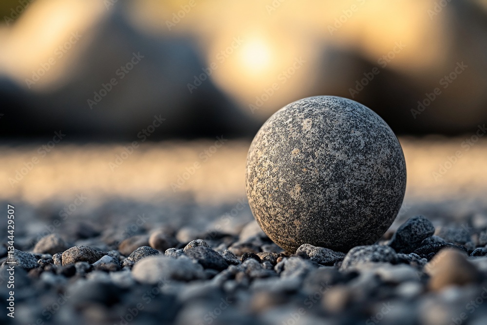 Poster close-up of a smooth, grey stone sphere resting on a bed of smaller pebbles, backlit by warm sunligh
