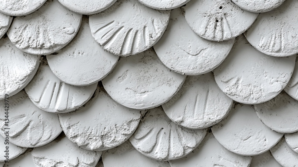 Poster fish scale tiles are arranged in a pattern to create a three-dimensional wall with a semigloss white