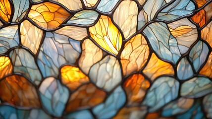 Illuminated Stained Glass Floral Lampshade with Teal and Amber Hues