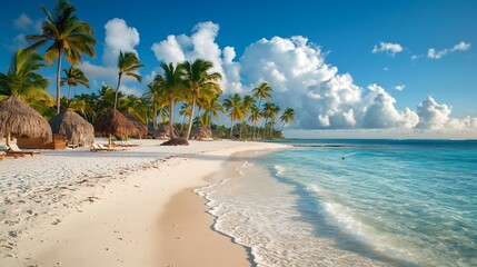 Tropical paradise beach scene with palm trees and thatched huts