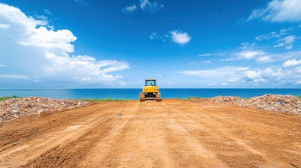 Construction Machinery on Brown Earth with Ocean and Sky View
