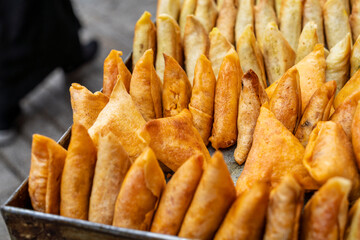 cheese and vegetable briwat, souk market ,Tangier, Morocco, North Africa