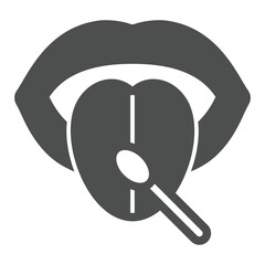 Woman tongue with sample wand solid icon, genetic research concept. Vector graphics. DNA test skin stick sign on white background, glyph style icon for mobile or web design.