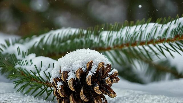 A serene winter scene featuring a snow-covered pinecone resting on frosted ground, evoking tranquility and nature's beauty.