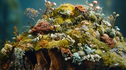 Fototapeta premium Vibrant Microcosm of Moss and Fungi on Decaying Log in Forest Environment