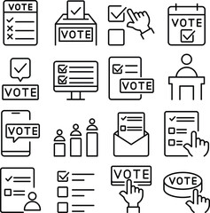 Voting icon set. Includes of election, ballot, vote, democracy, voting box, and More. Outline icons vector collection