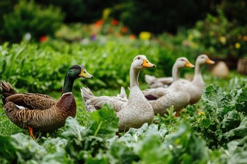 Obraz premium A regenerative farm with free range ducks managing pests among vegetable crops