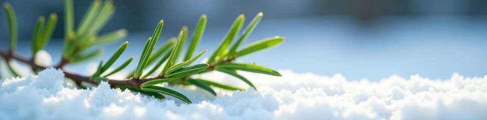 Obraz premium A sprig of rosemary branches out from a snow-covered surface, foliage, branch, leaves