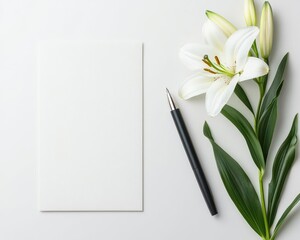 Elegant white lily with a simple envelope and pen, minimal and graceful, creating a refined stationery scene